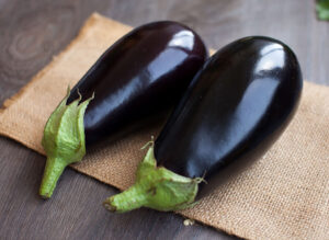 Guide de culture d'aubergines en été avec de belles récoltes illustré par des mains tenant délicatement une aubergine mûre dans un jardin potager ensoleillé