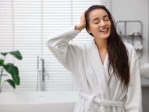 femme avec un peignoir de bain